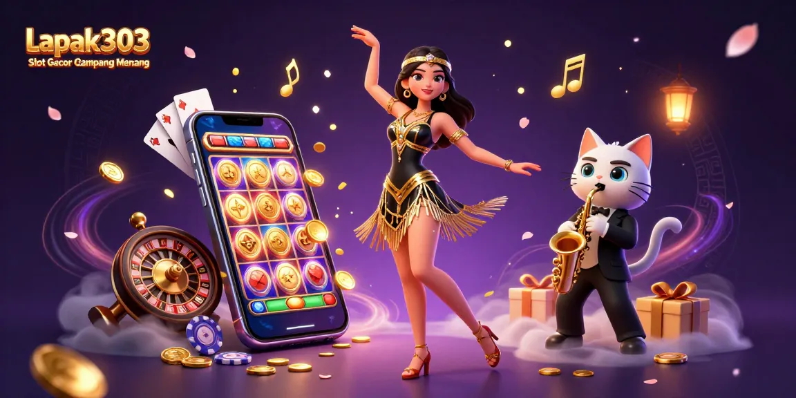 Experience the thrill of Lapak303 Slot Gacor Gampang Menang with vibrant gaming elements in a lively illustration.