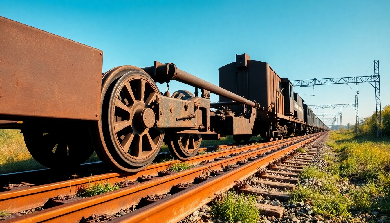 Derailment of a train depicted with detailed wheels and crushed tracks in a natural setting.
