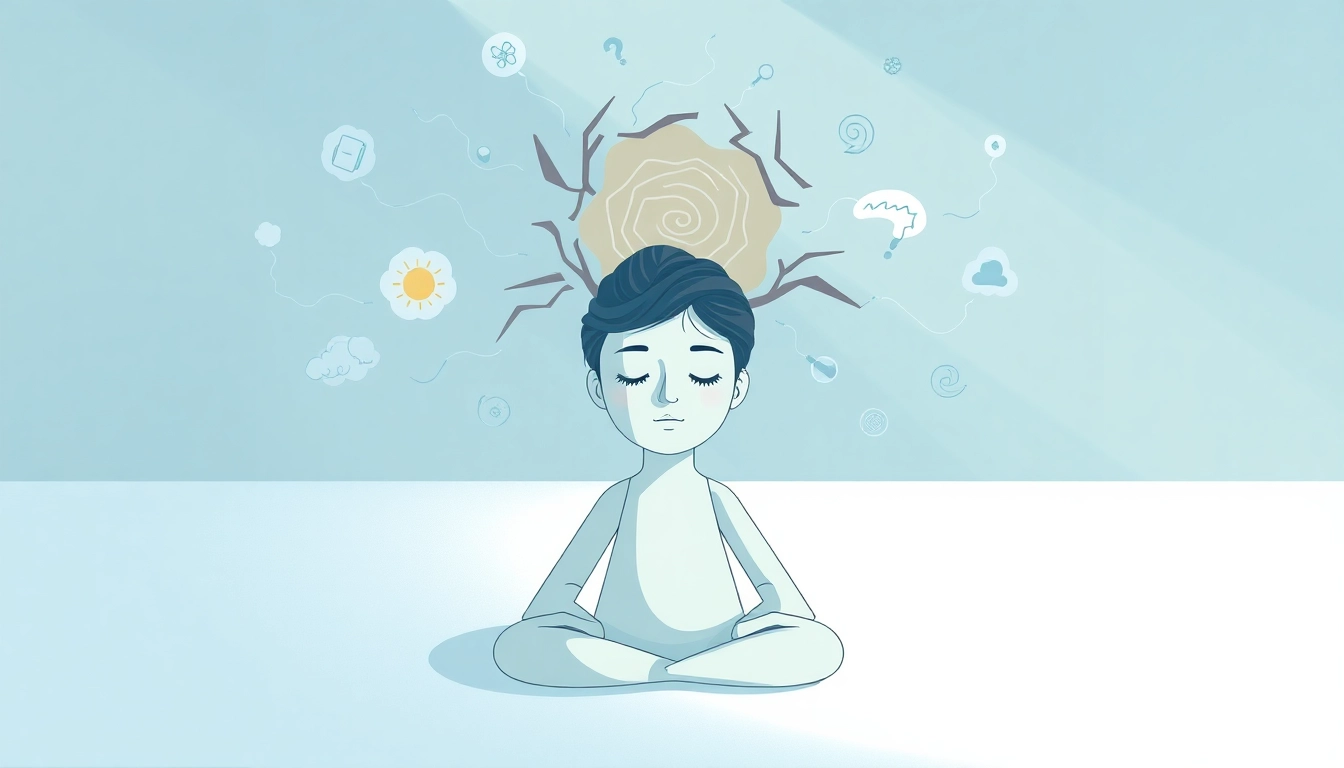 Understanding anxiety symptoms through an illustration of a person meditating amidst swirling chaotic thoughts.