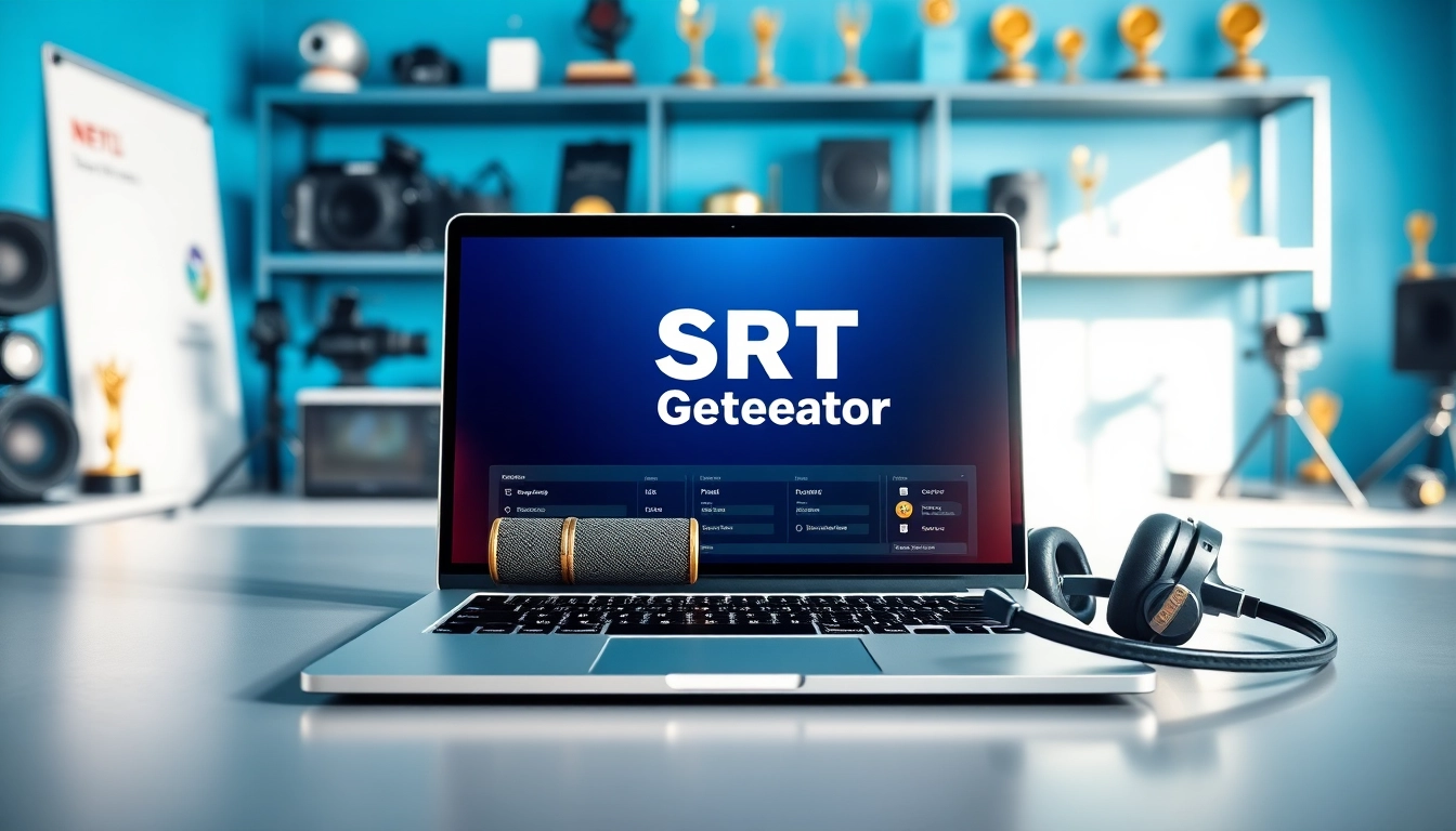 Generate precise subtitles with an SRT Generator tool in a vibrant video production workspace.