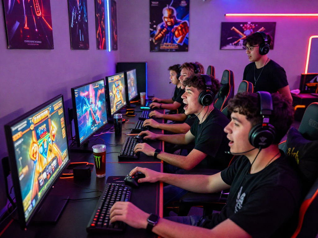 Friends enjoying slot kamboja together in a vibrant gaming room filled with colorful decor.
