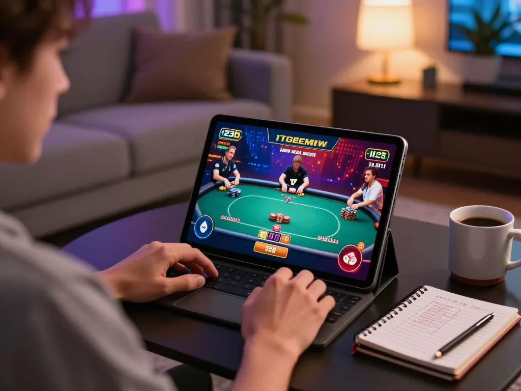 Player enjoying thrilling 123b online casino experience on a tablet with strategic notes in a cozy setting