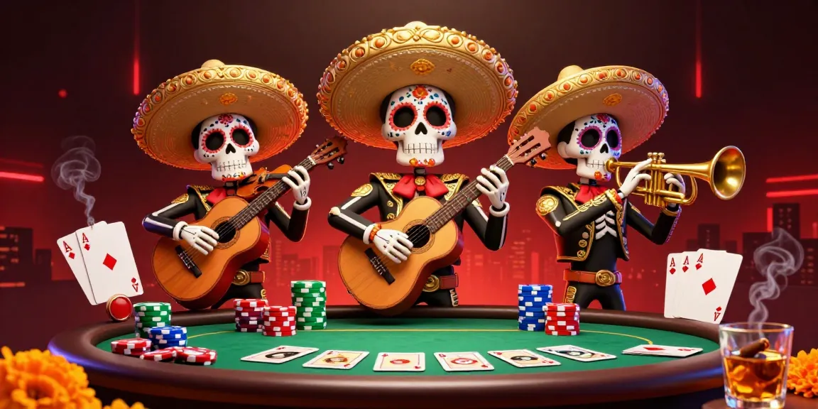 Experience the excitement of credit card online casinos with vibrant mariachis playing at a bustling poker table.