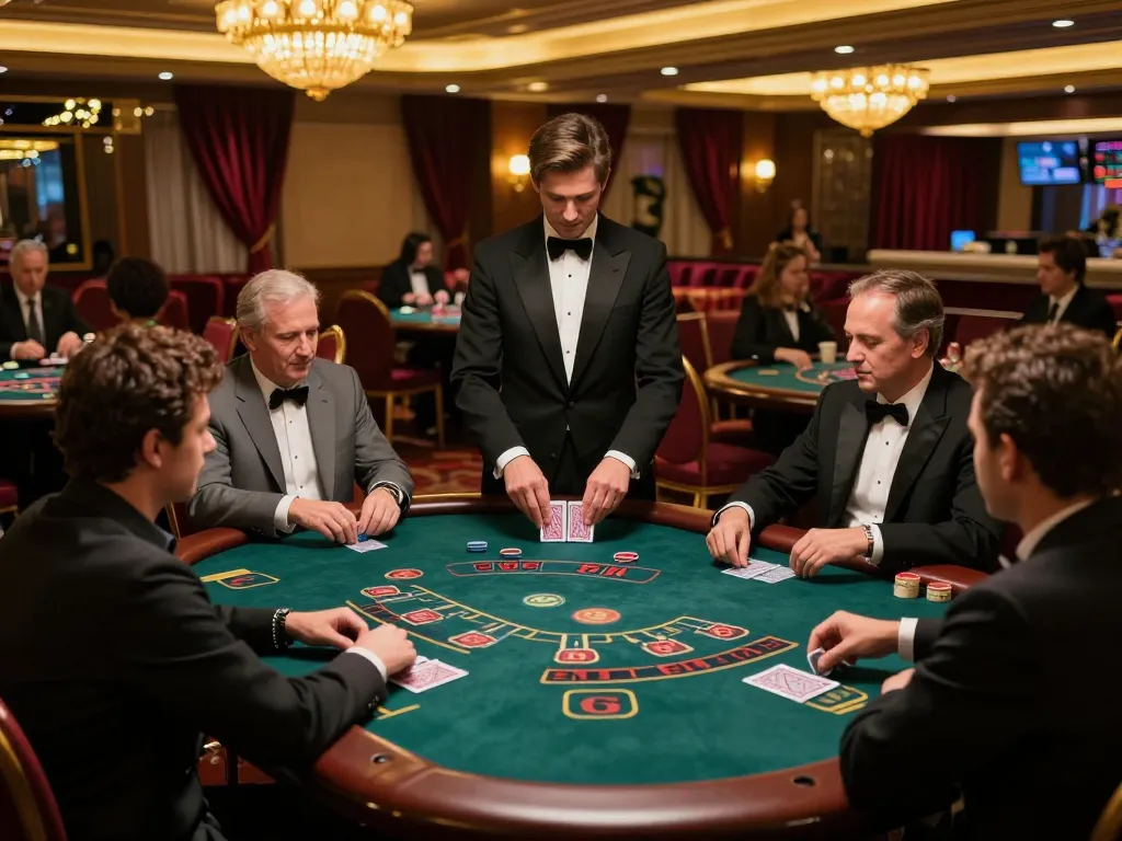 F168 Blackjack table featuring focused players and dealer in action, captured in a luxurious casino atmosphere