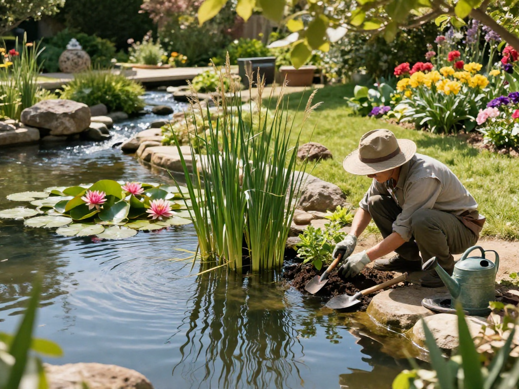 Gardener planting vibrant marginal pond plants beside a tranquil garden pond.