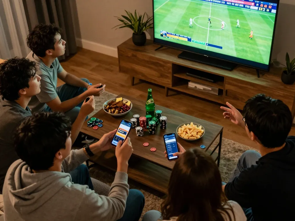 Friends enjoying live football while placing bets on king33 app, creating a thrilling atmosphere.