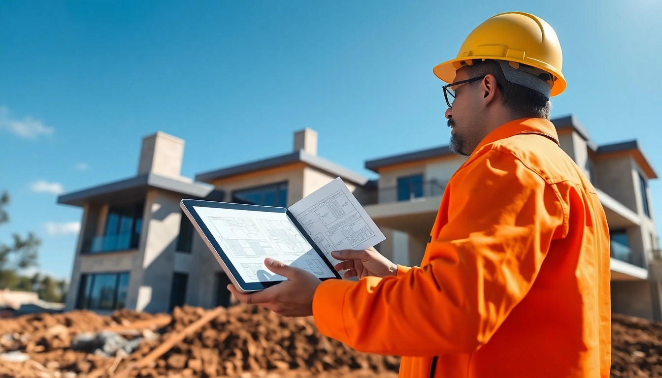 Residential building developer reviewing blueprints with clients at construction site.