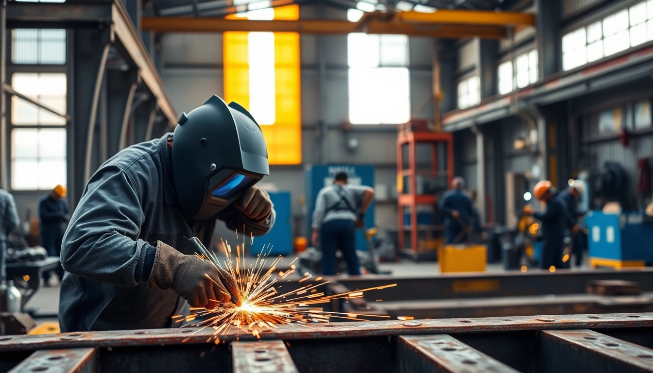 Skilled welders performing structural steel welding with sparks flying in an industrial setting.