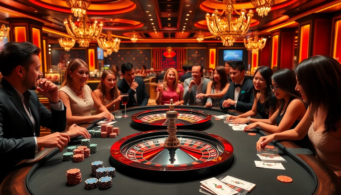 The lively scene at hit club go88 features players engaged at an elegant casino table, showcasing vibrant poker chips and cards.