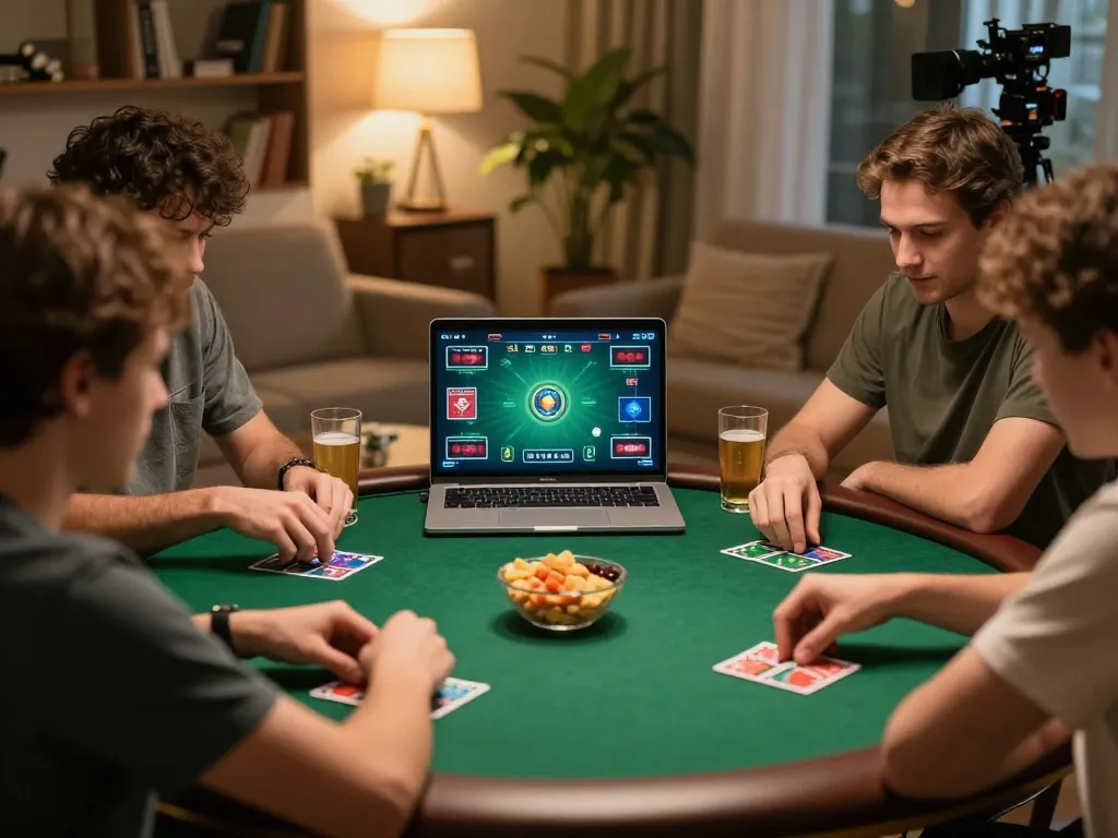 Friends playing stimulating online poker at home, showcasing vibrant social gaming with xfzc168.