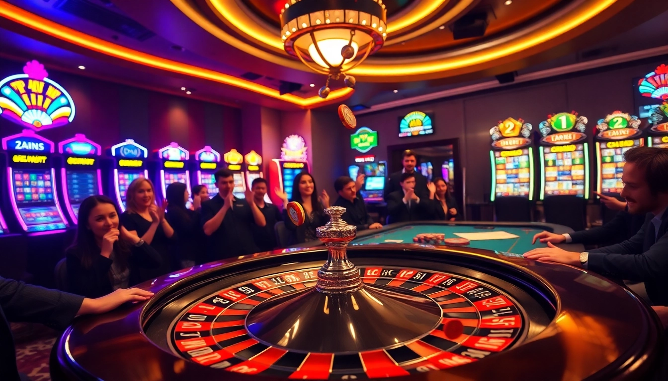 Gamblers celebrating a win at 7mcn's lively casino scene with poker chips and roulette wheel.