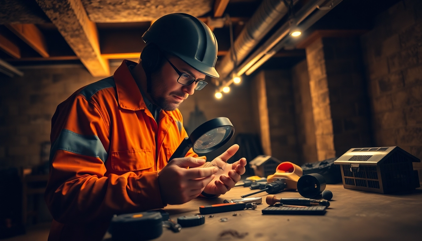 Basement insect exterminator examining pests with professional tools in a dim setting.
