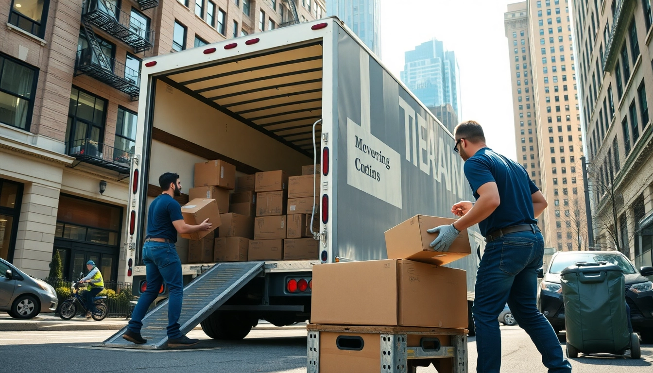 Movers in Boston efficiently loading boxes onto a truck, showcasing urban charm and professionalism.