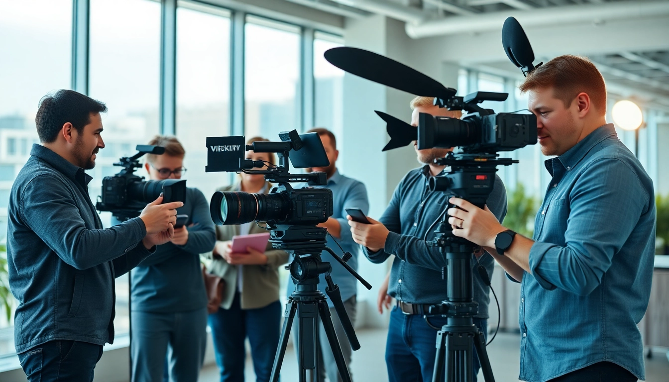 Engaging corporate video production shoot featuring a diverse team collaborating on creative projects.