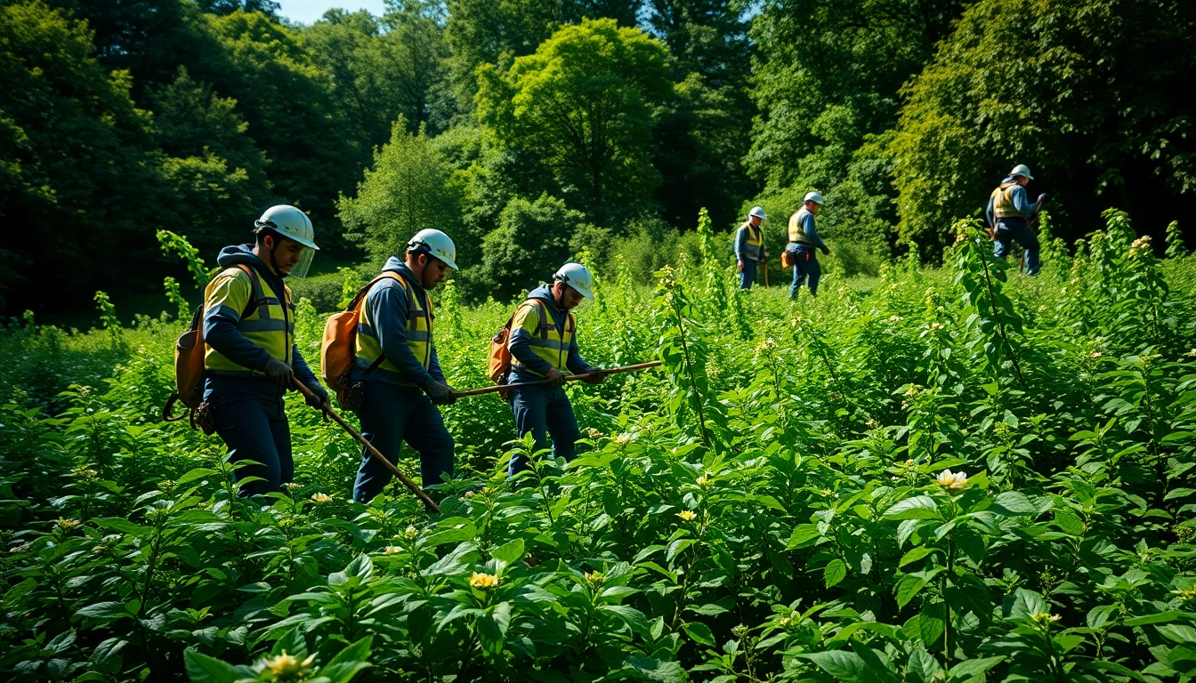 Japanese Knotweed Removal by a professional team clearing invasive plants in a lush park.