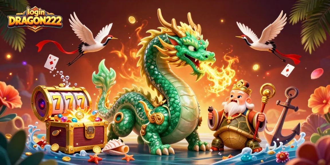 Engage with the login DRAGON222 experience through an enchanting 3D scene featuring dynamic characters and vibrant casino elements.