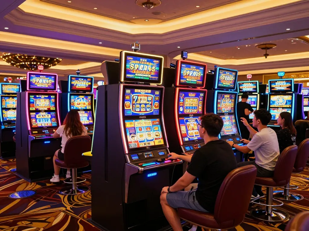 Players celebrating wins at colorful slot777 machines in a vibrant casino.