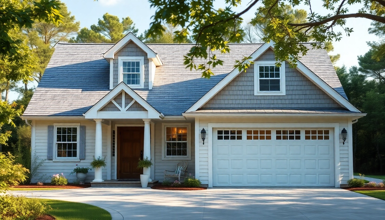 Cape cod home with an elegant design featuring an attached garage in a lush coastal environment.