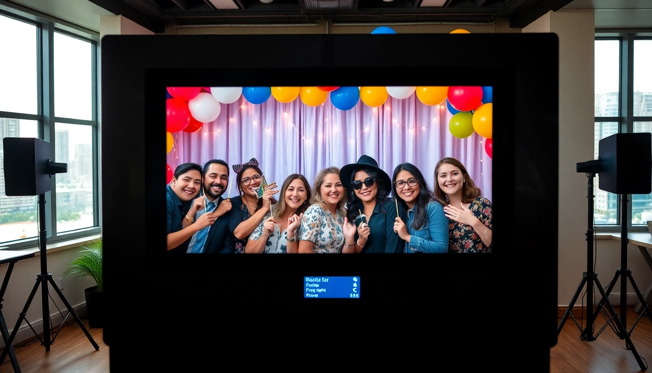 Guests enjoying a photo booth chicago experience with fun props and vibrant decor.