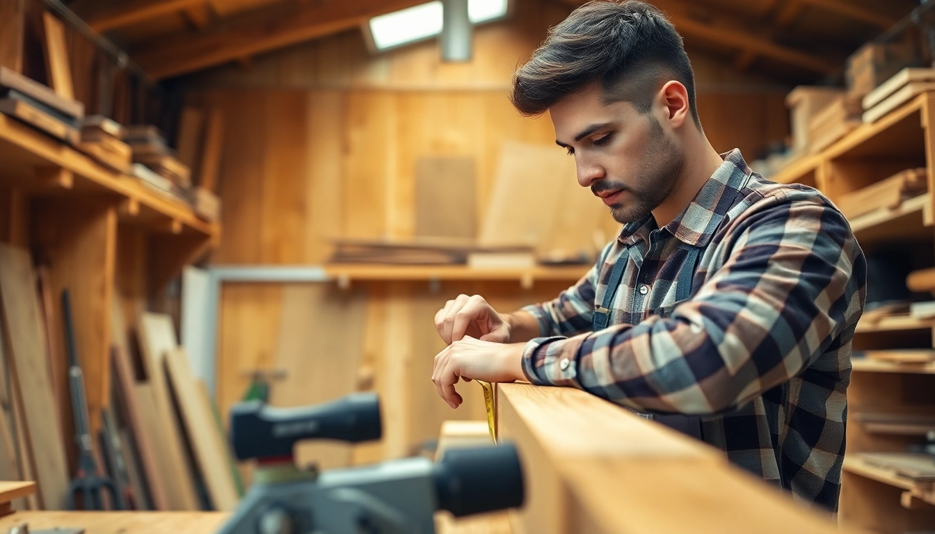 Carpentry apprenticeship showcasing a dedicated apprentice measuring wood in a bright workshop.
