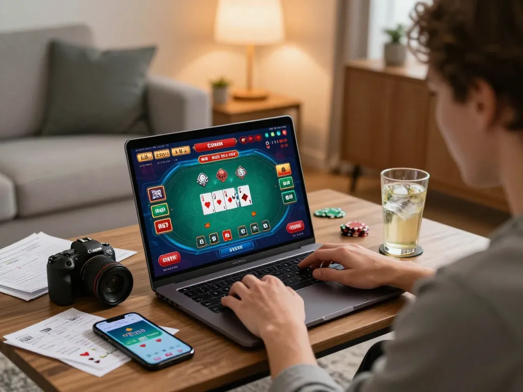 Engaged in online casino gameplay, a player explores tg8 poker options on a laptop in a cozy, well-lit home setting.