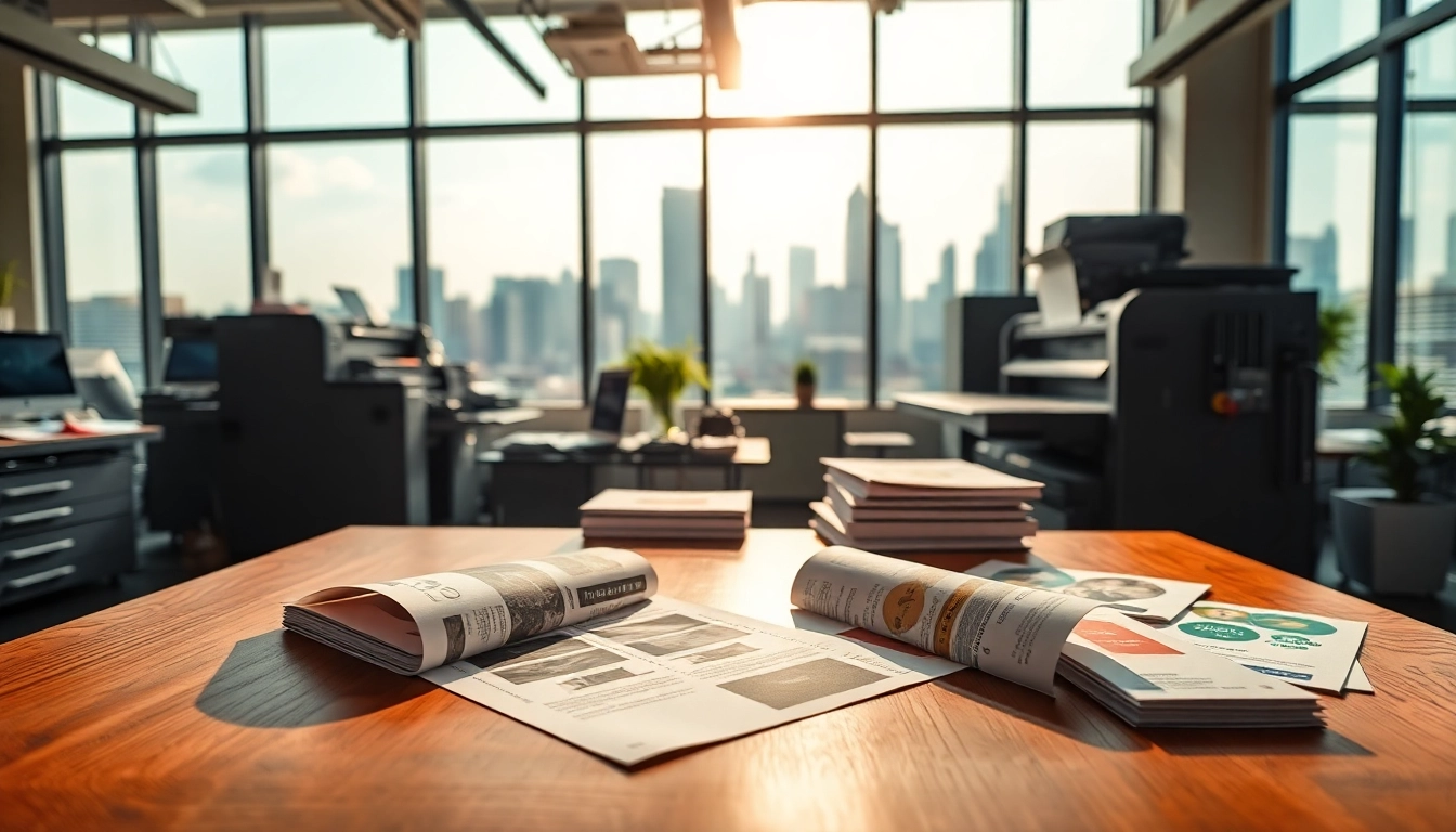 Engaging workspace of a direct mailing company showcasing print designs and modern equipment.