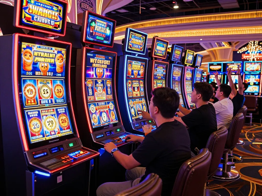 Pemain menikmati mesin link slot dalam suasana kasino Las Vegas yang hidup.