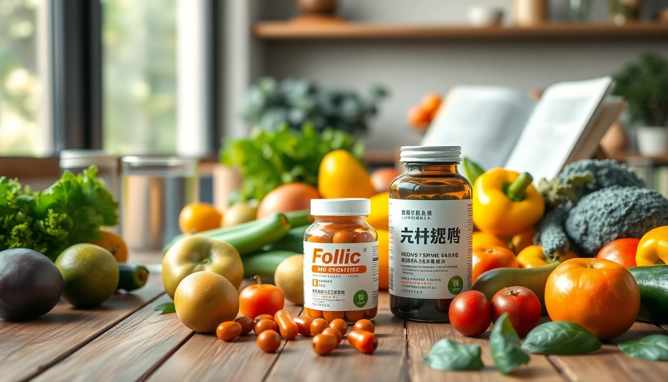 木製のテーブルの上に置かれた葉酸サプリの高品質な画像。果物・野菜・水を添えて健康を促進。