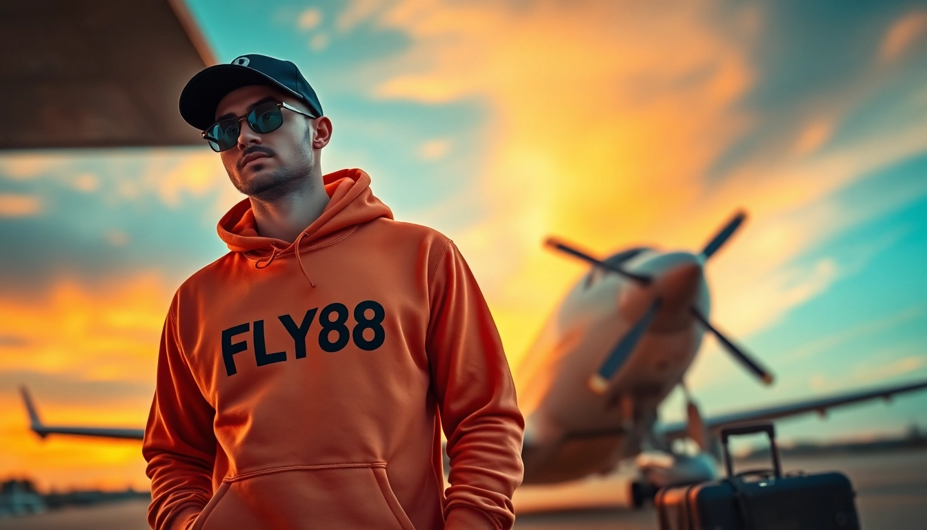 FLY88 aviation-themed apparel showcased by a model in a vibrant sunset setting.