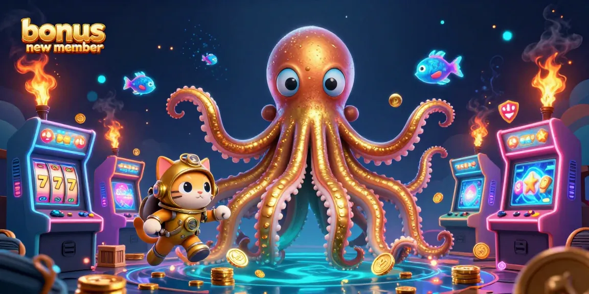 Engage with the vibrant casino atmosphere showcasing the bonus new member offer, where a kraken and diving cat interact amidst gaming excitement.