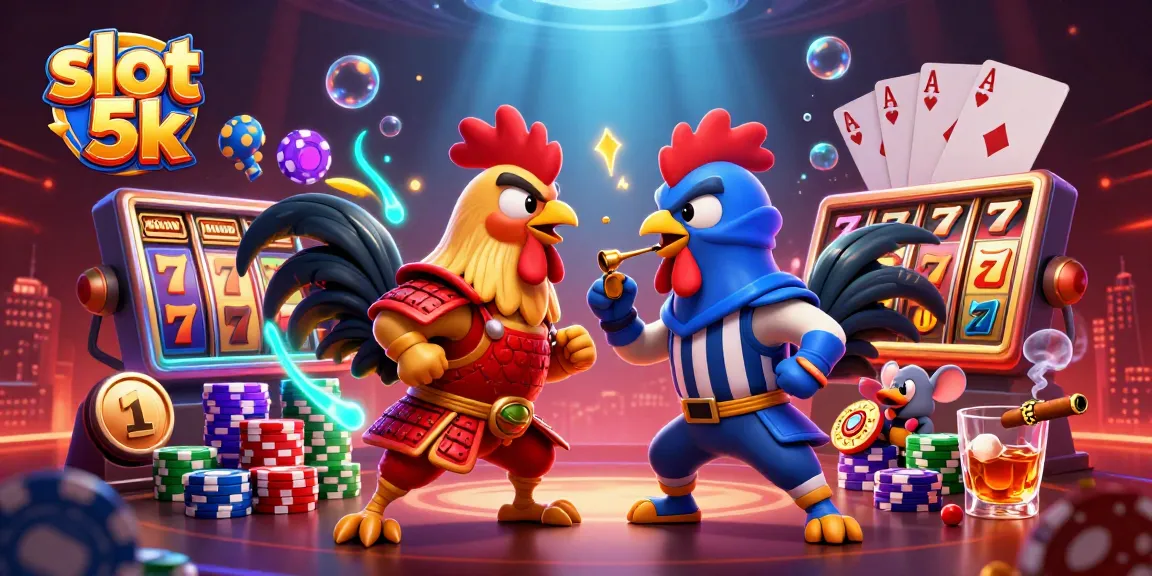 Experience energetic gameplay at slot 5k with adventurous roosters battling amidst vibrant casino elements.