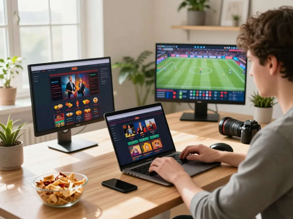 Player engaging with SC88 gaming platform on laptop, enjoying a home gambling experience