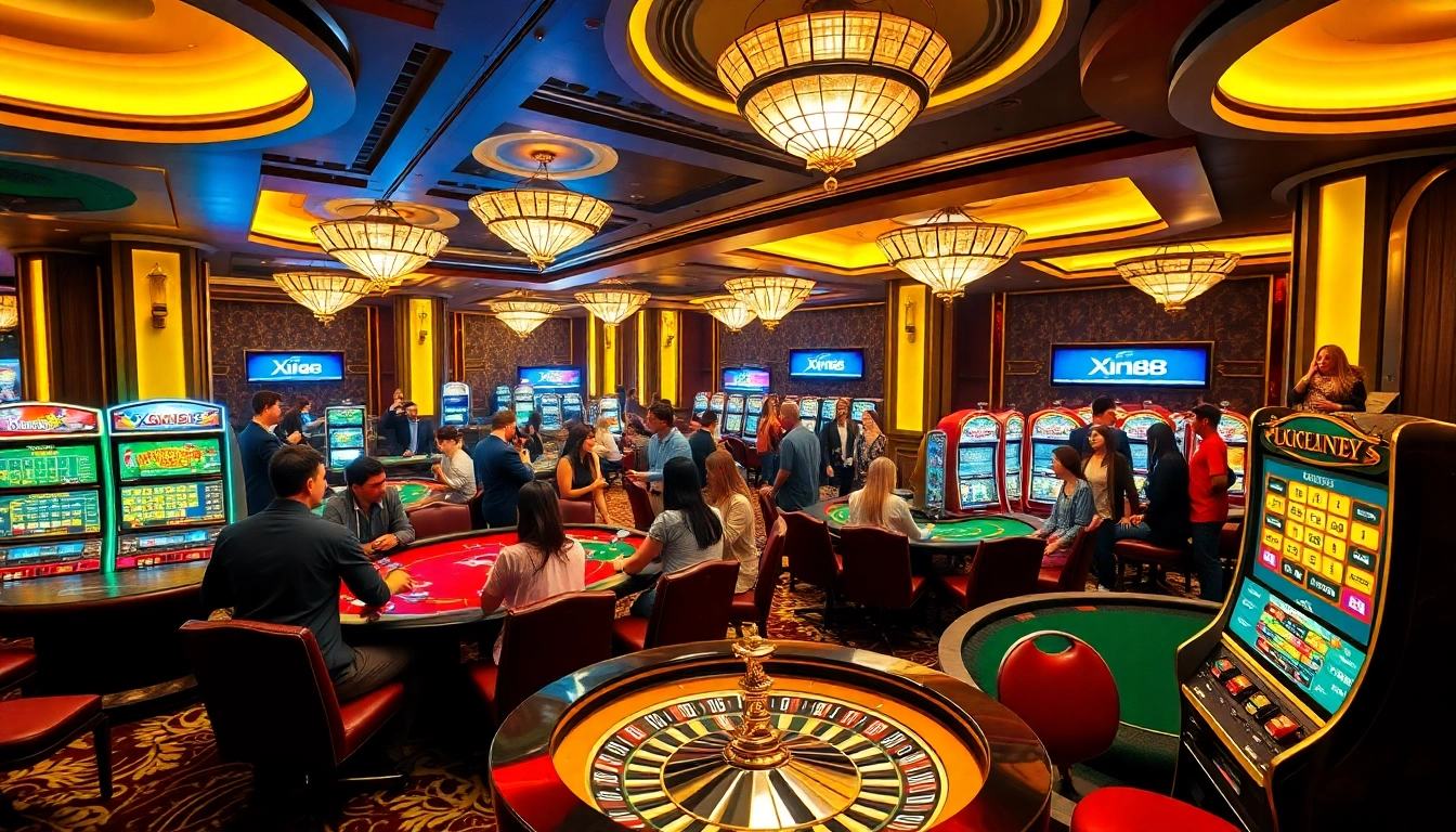 Gambling enthusiasts celebrating their wins at Xin88's vibrant casino tables, surrounded by slot machines.