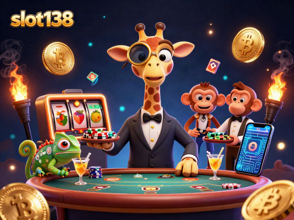 Engage with slot138 through a vibrant scene featuring a high-roller giraffe, NFT elements, and glowing crypto coins.