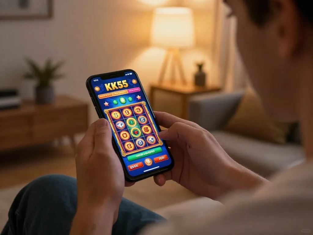 Player using KK55 app on smartphone for engaging online gambling experience in cozy living room