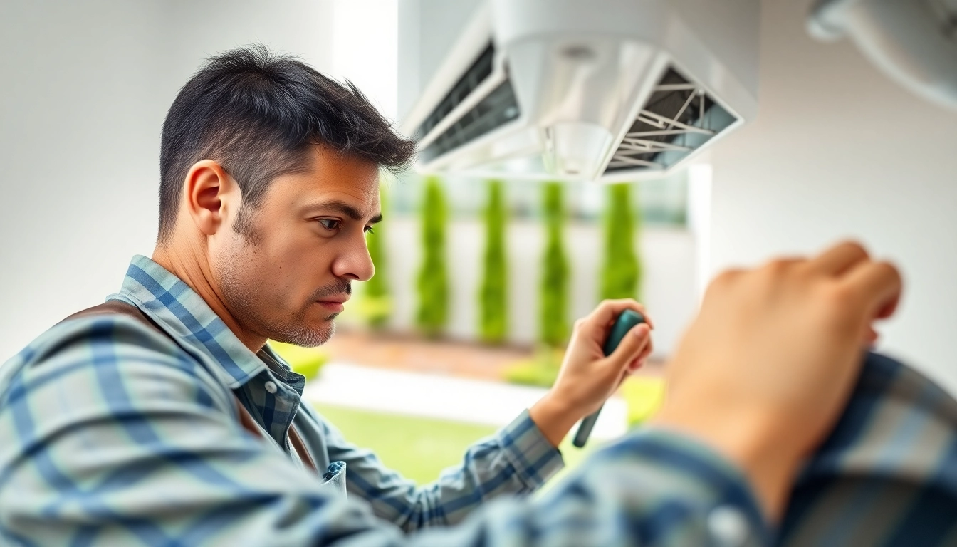 Technician installing an american standard air conditioning unit in a modern home setting.