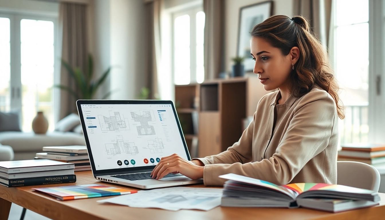 Projektant wnętrz online pracujący nad nowoczesnym projektem w stylowej pracowni.