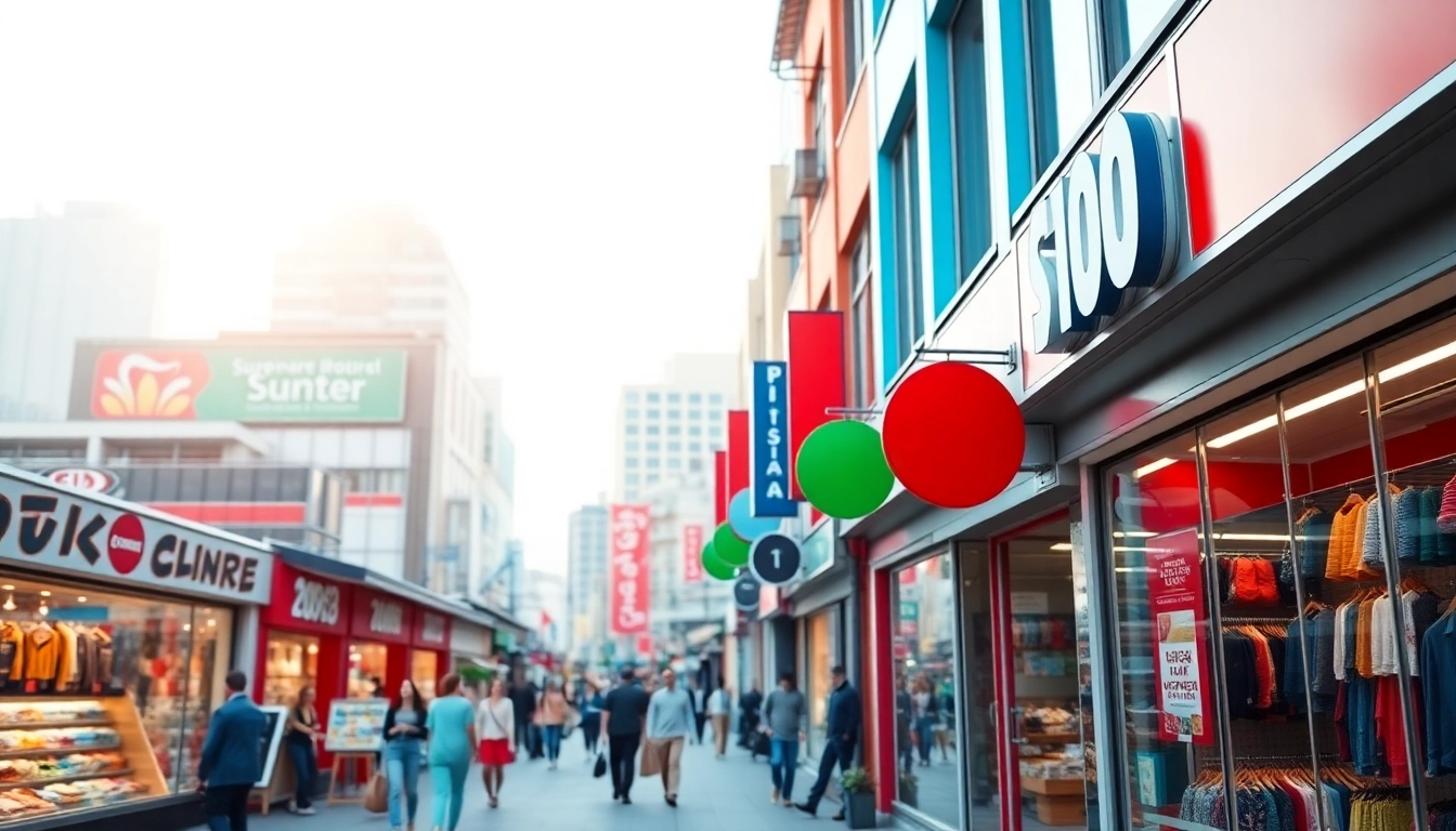 Engaging view of a vibrant Multi-Store showcasing diverse storefronts in a bustling urban environment.