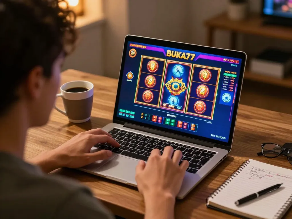 Engaging BUKA77 slots gameplay on a laptop in a cozy home office setting.
