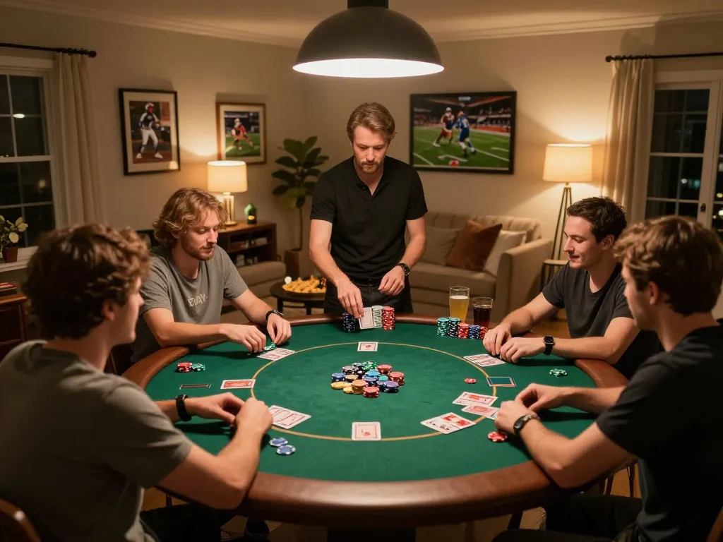 KQBD real-time poker action among friends at an elegant home game night.