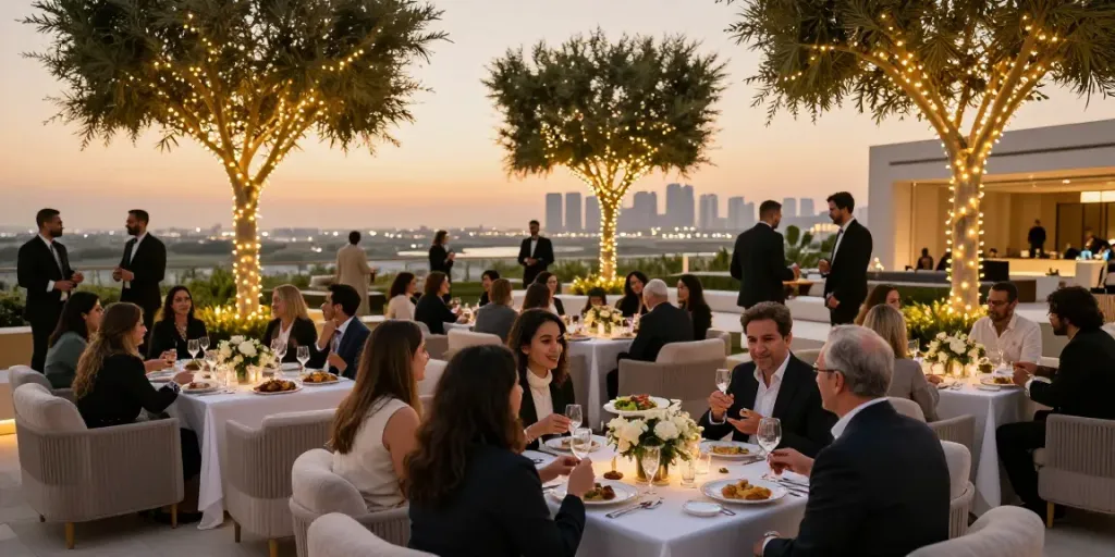 Event rentals showcasing elegant outdoor gathering with gourmet food and decor