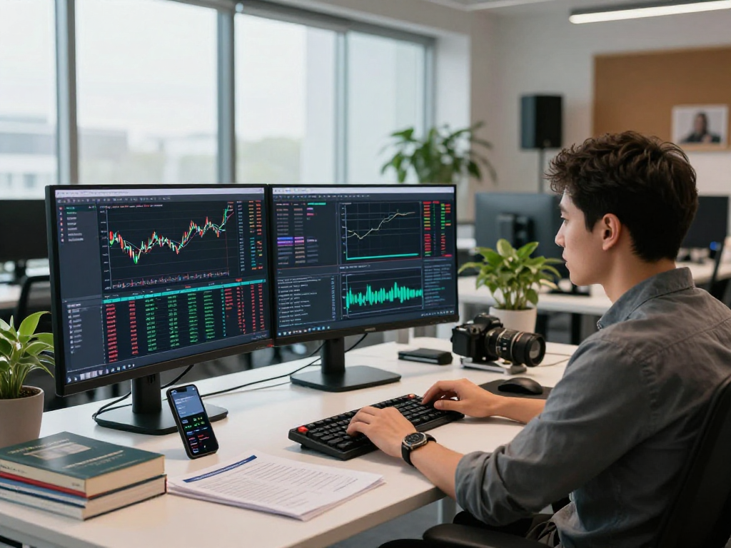 TradingView官网实时行情分析,交易者操作多个显示器,展现技术指标与社区观点。