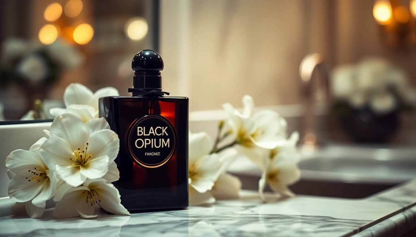 Enchanting Black opium perfume bottle showcasing floral elements and luxury elegance.