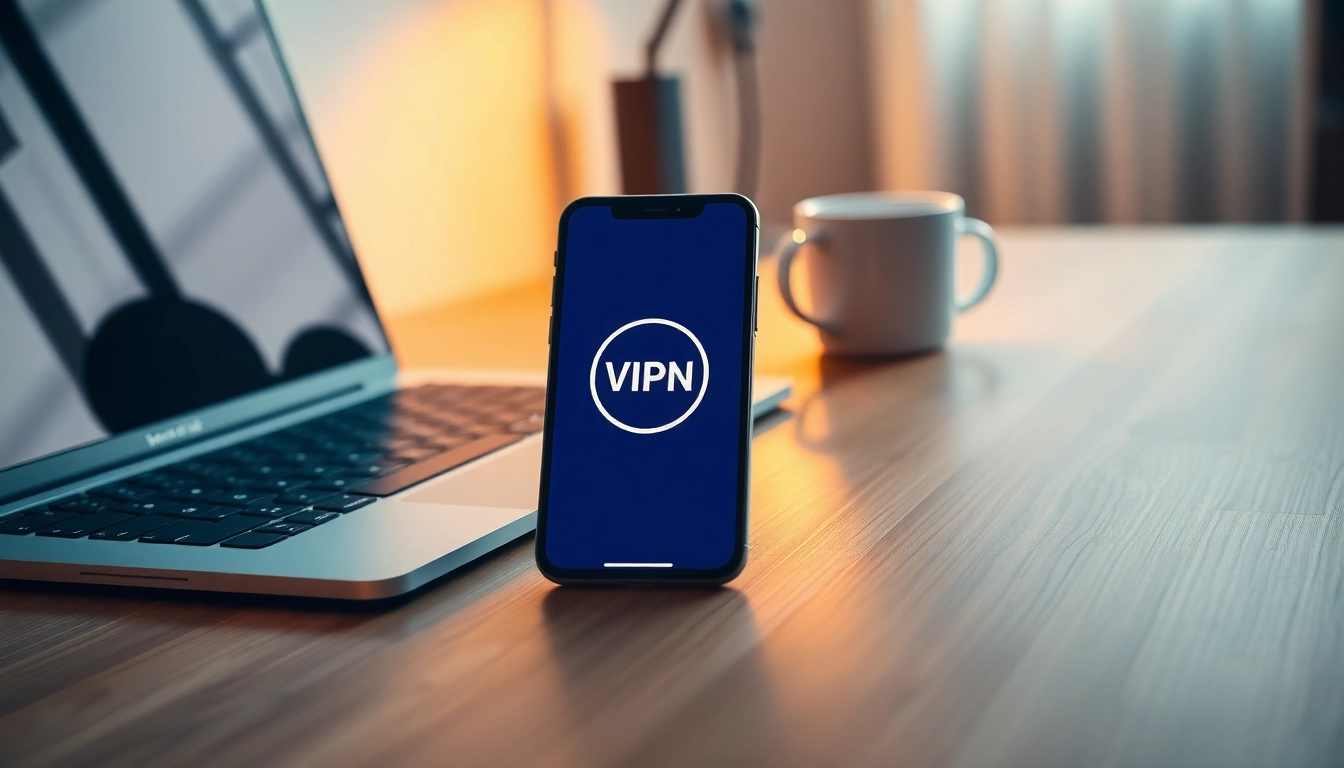 快连vpn下载 app interface on a smartphone in a modern workspace setting.