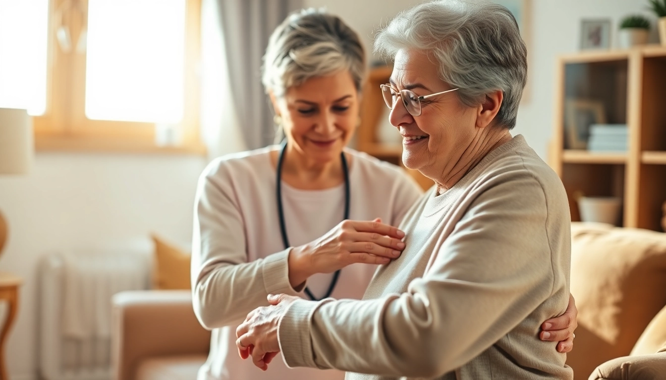 Care at home provided by a trusted caregiver in a warm, inviting living room.