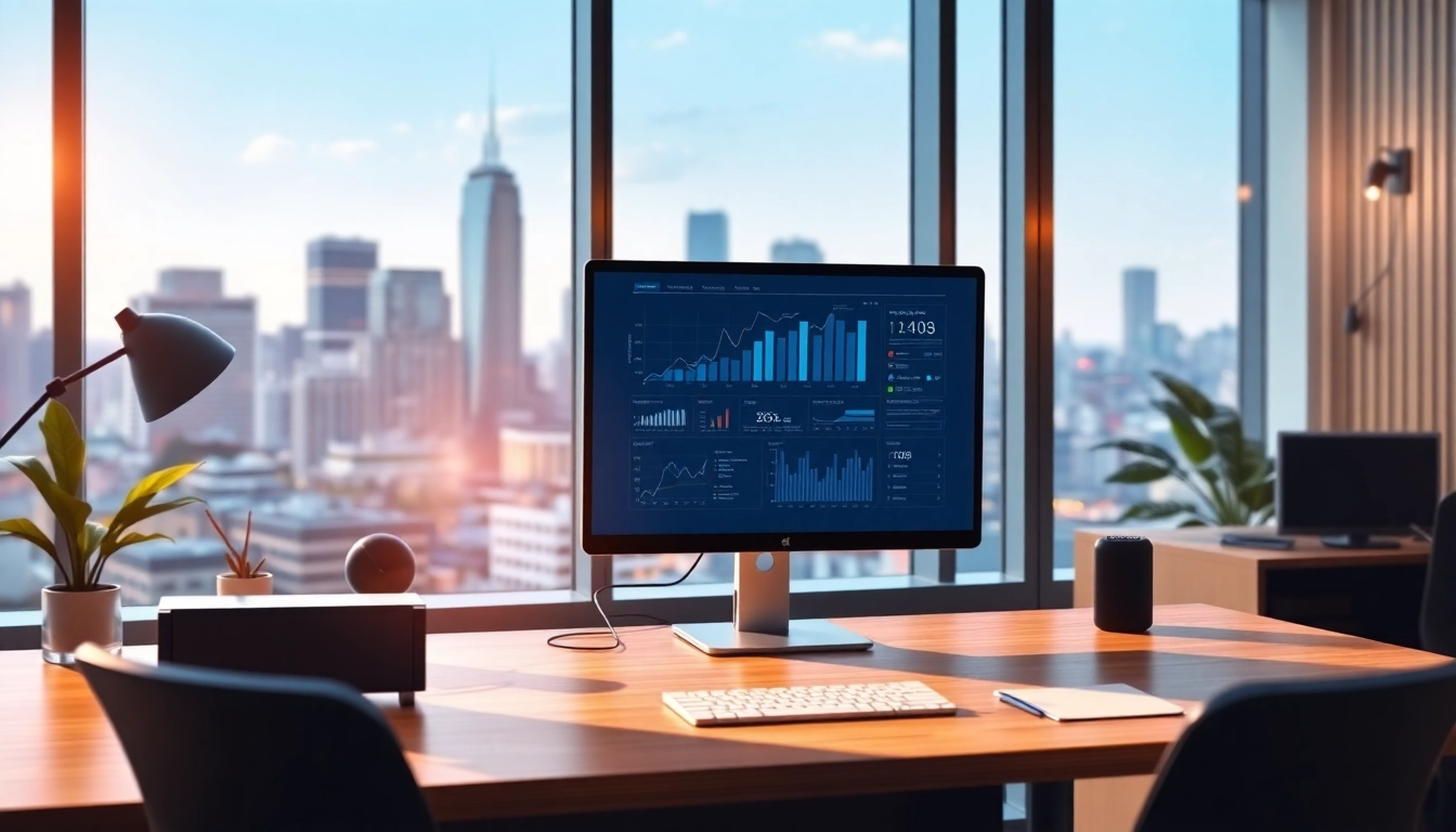 A professional workspace showcasing the 1cplatform in action with data analytics and a city skyline.