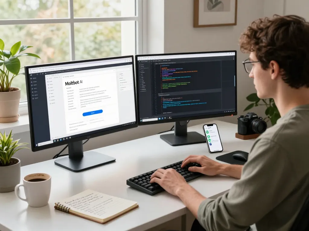 Moltbot AI workspace showcasing a developer using clawdbot with interactive coding tools and messaging notifications in a bright home office.
