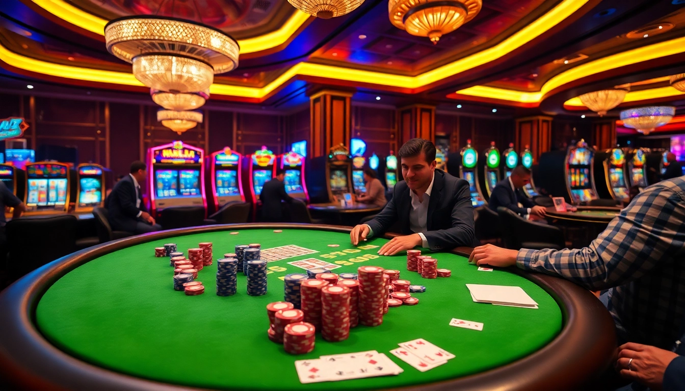 Engage in a thrilling poker game at mm88 com's luxurious casino, featuring vibrant chips and cards.