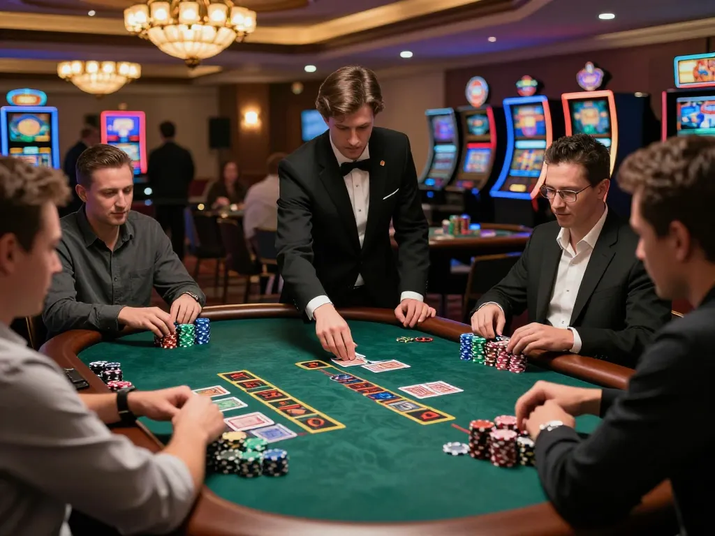 Play blackjack like a pro at fb88 com, showcasing strategic gameplay with focused players and a friendly dealer.