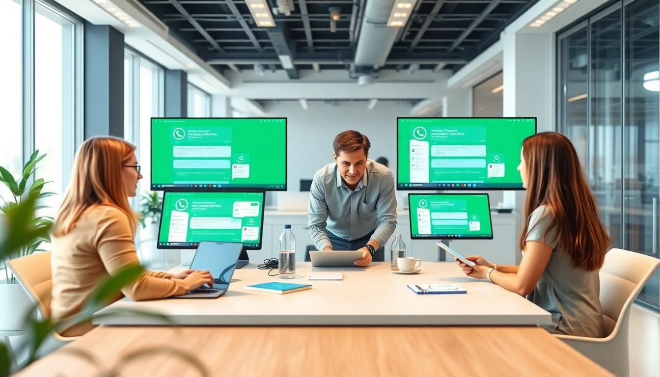 Illustration of WhatsApp API integration showcasing team collaboration in a modern office.